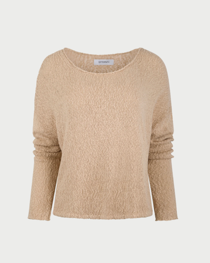 The SPRWMN Off Shoulder Sweater by SPRWMN is a beige, long-sleeve cotton bouclé knit with a relaxed fit and wide round neckline, shown on a white background.