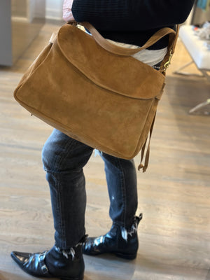 the reese suede crossbody bag in Camel at west2westport.com