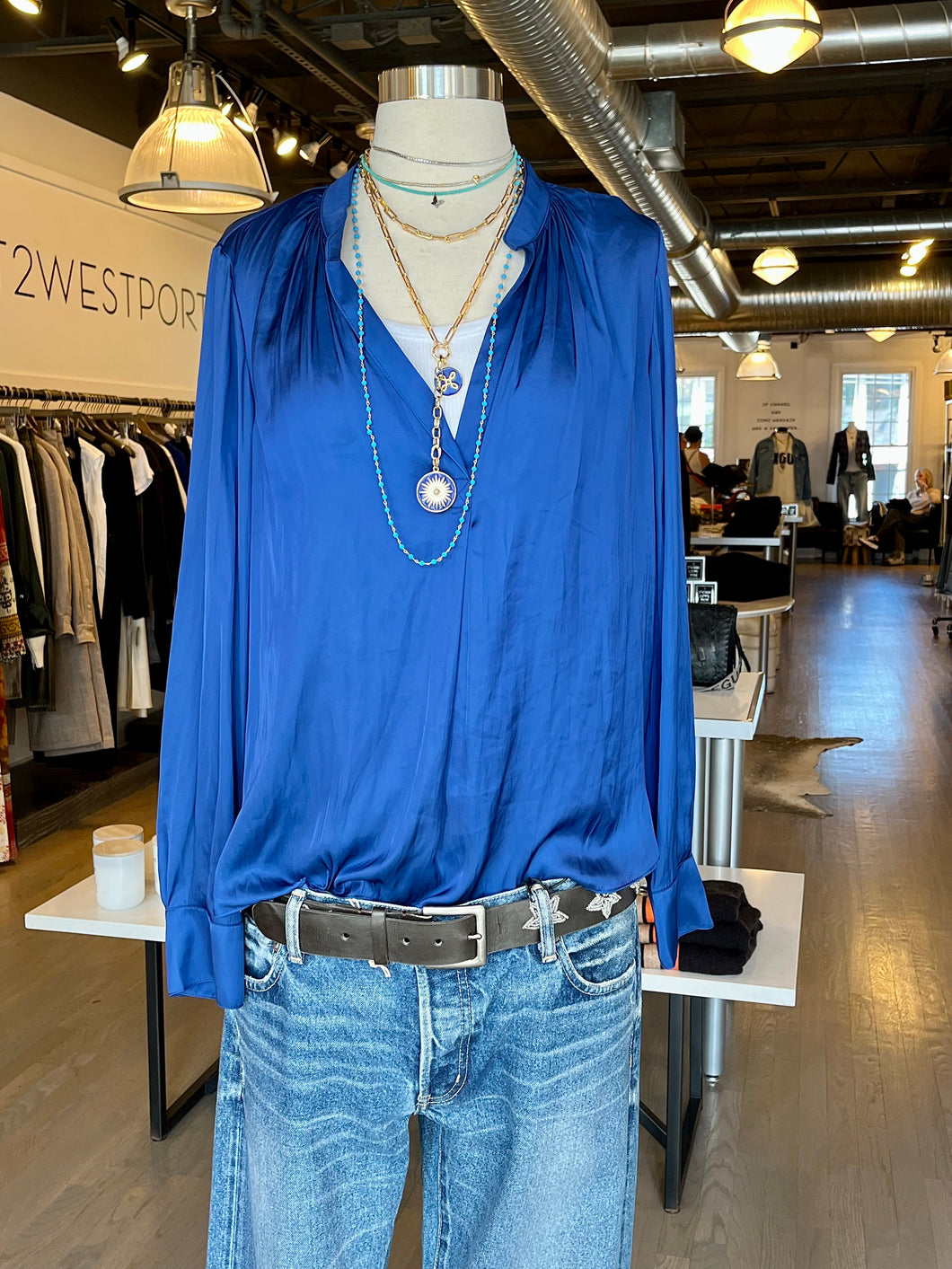 zadig & voltaire tink satin blouse with moussy jeans and dylan james jewelry at west2westport.com