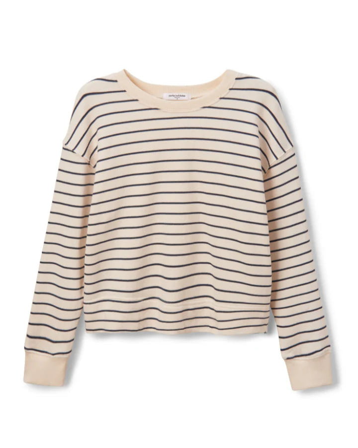 The perfectwhitetee Tyler Terry Pullover is a cream-colored, long-sleeve sweatshirt with black stripes, a crew neck, and ribbed cuffs, made from vintage French terry and shown flat on a white background.