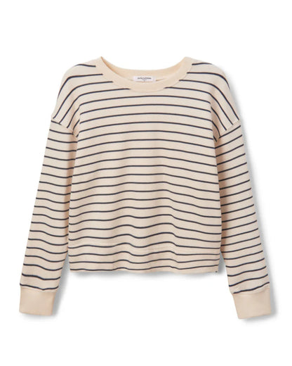The perfectwhitetee Tyler Terry Pullover is a cream-colored, long-sleeve sweatshirt with black stripes, a crew neck, and ribbed cuffs, made from vintage French terry and shown flat on a white background.