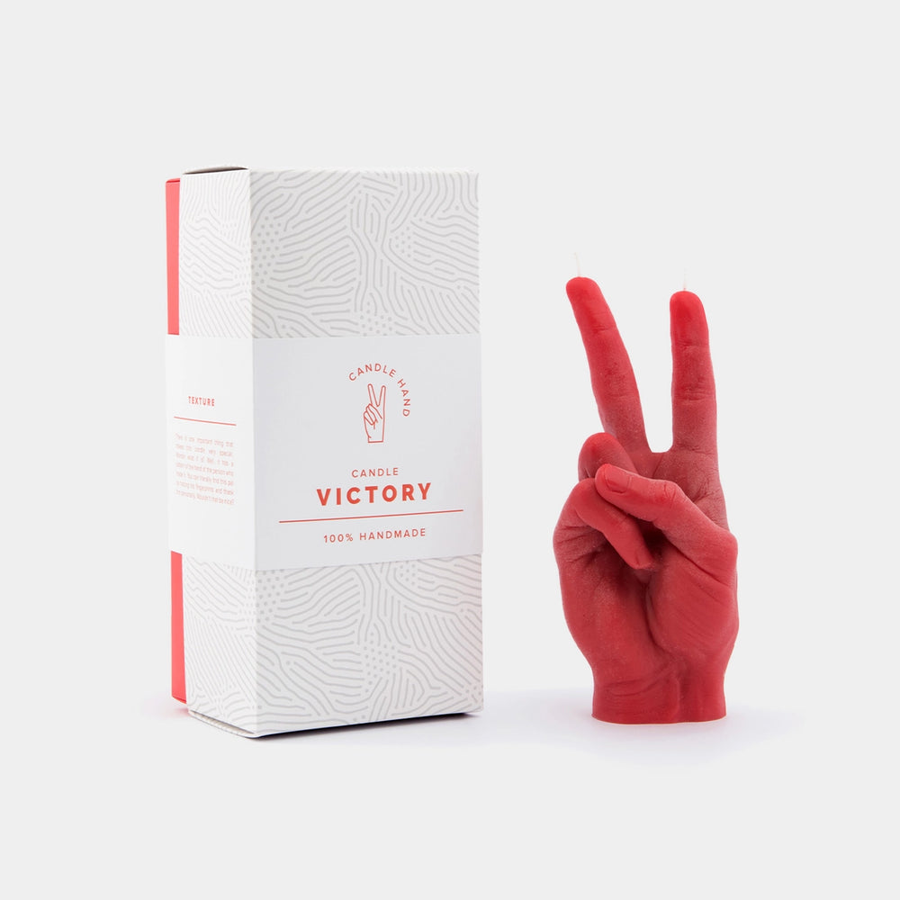 V for victory hand gesture candle and box at west2westport.com