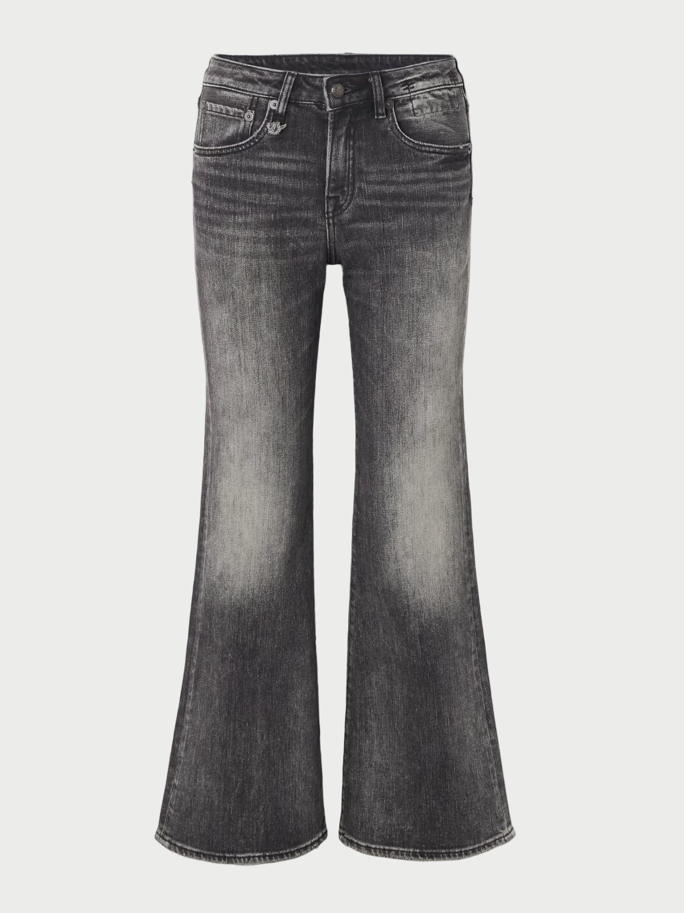 Black flared jeans on a white background