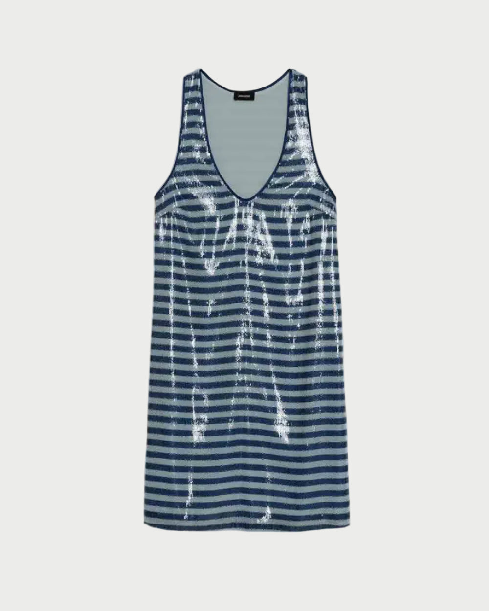 Blue and white striped dress on a light gray background