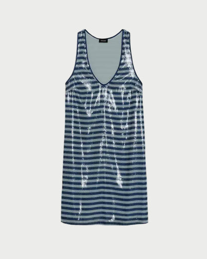 Blue and white striped dress on a light gray background
