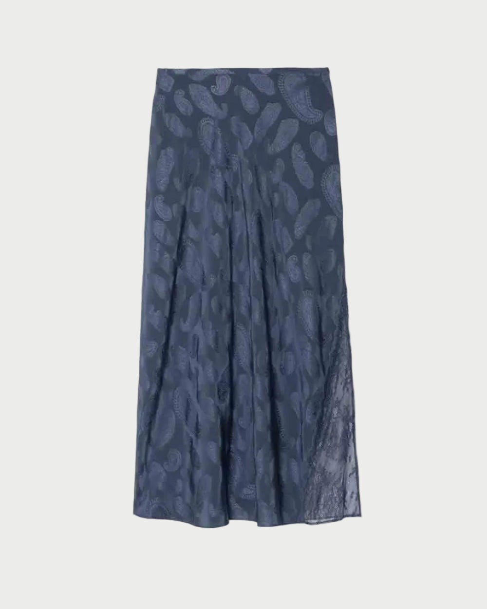 The Zadig & Voltaire Jayla Paisley Skirt is an ankle-length, navy silk skirt featuring a subtle paisley pattern and a slight flare at the hem, shown against a plain white background.