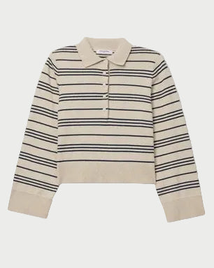 A cropped knit polo sweater with horizontal navy and beige stripes, featuring a three-button placket and ribbed cuffs and hem, displayed on a clean white background.