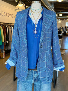 tink satin blouse in cobalt blue with zadig plaid blazer and dylan james jewelry at west2westport.com