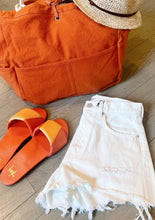 Load image into Gallery viewer, beek summer sandals, travaux en cours beach bag and raffia hat with moussy white denim shorts at west2westport.com