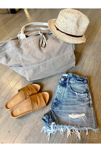 moussy jean shorts, beek slides, travaux en cours beach bag and raffia hat at west2westport.com