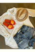 Load image into Gallery viewer, Beek Slides, Re/Done button down, Raffia Hat, Moussy Denim shorts, available at west2westport.com