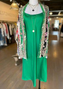 kelly green slip dress and zadig & voltaire silk jacket at west2westport.com