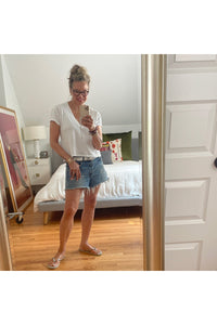 owner Kitt Shapiro wearing Moussy packard denim shorts and perfect white tee t-shirt at west2westport.com
