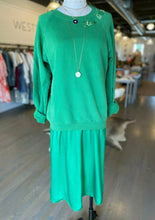 Load image into Gallery viewer, green slip dress with sweatshirt over it at west2westport.com