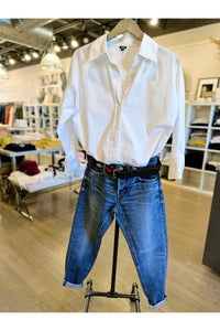 crisp button down shirt with moussy tapered jeans at west2westport.com