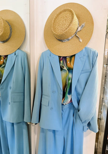greyven power suit, essentiel antwerp blouse and labeljae straw hat at west2westport.com