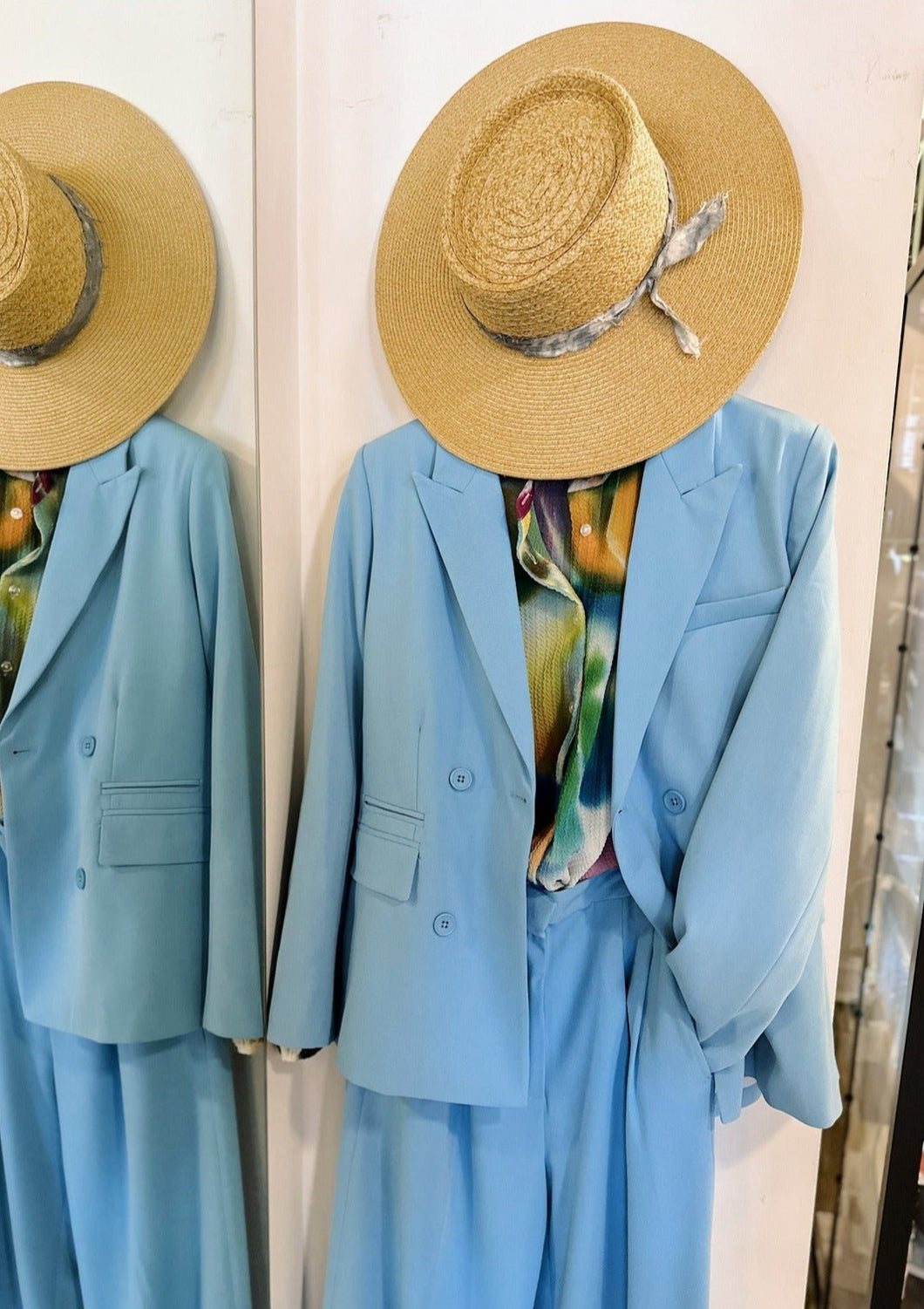 greyven power suit, essentiel antwerp blouse and labeljae straw hat at west2westport.com