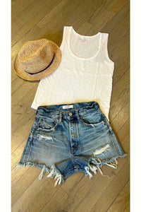 White Mott Tank, Moussy Denim shorts and Raffia hat, available at west2westport.com