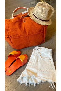 travaux en cours hat and bag, bluebird slide and moussy denim shorts, available at west2westport.com