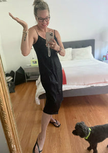 boutique owner Kitt Shapiro wearing Brazeau Tricot black slip dress at west2westport.com