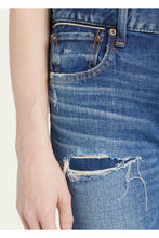Load image into Gallery viewer, Close up of the distressing on our Moussy Vintage Swillburg Skinny Jeans, available at west2westport.com