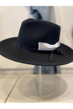 Load image into Gallery viewer, upcycled black felt hat with white bow at west2westport.com