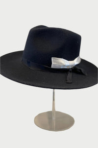upcycled black felt hat with white bow at west2westport.com