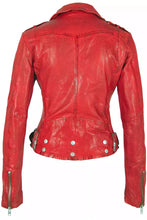 Load image into Gallery viewer, rear view red leather moto jacket at west2westport.com