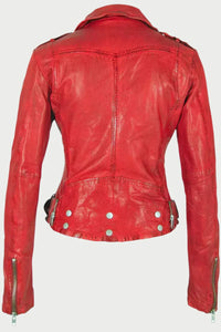 rear view red leather moto jacket at west2westport.com