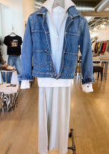 Load image into Gallery viewer, silver slip dress with one grey day sweater and redone denim jacket at west2westport.com